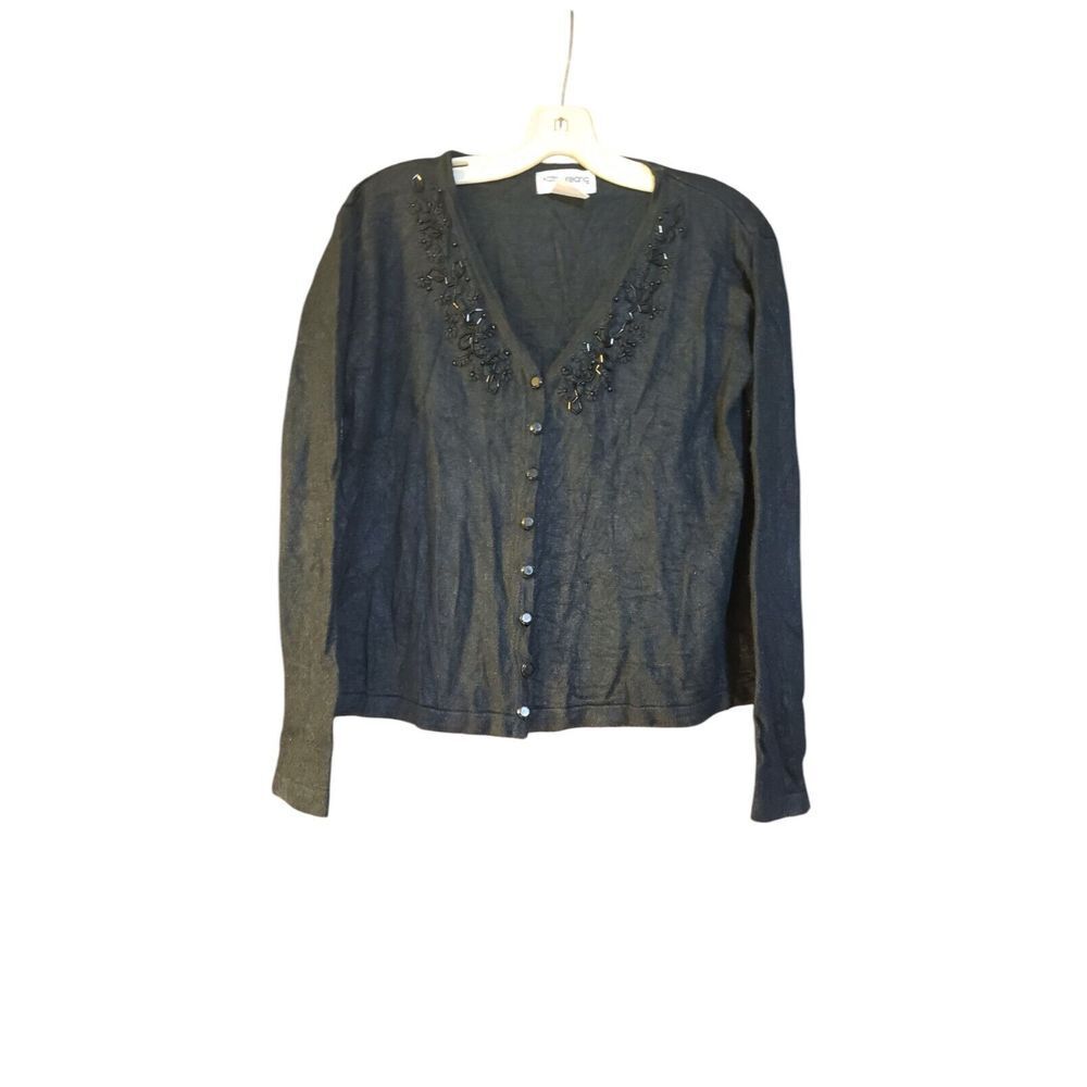 Kathy Ireland Womens M Wool Silk Beaded Cardigan Sweater Black Special Occasion‎